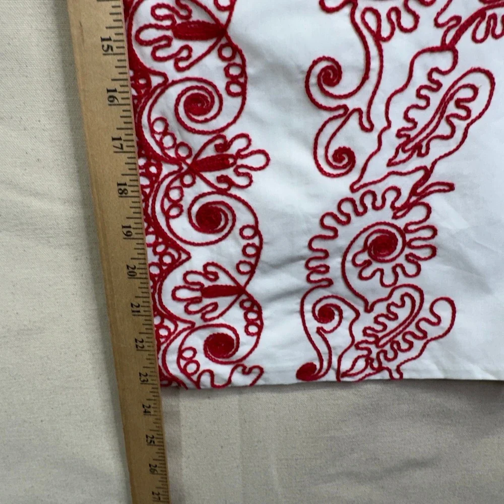 Pottery Barn Lumbar Pillow Cover 12x24 White Red Embroidered Boho Scroll Cotton